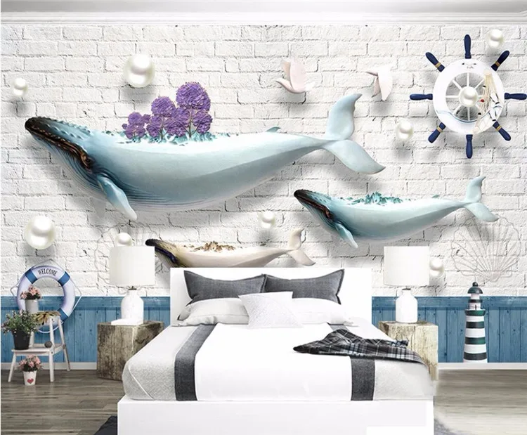 

Custom Photo Wallpaper Mural Mediterranean European Wall 3d Wallpaper Children Ocean Whale Lighthouse Sailboat Brick