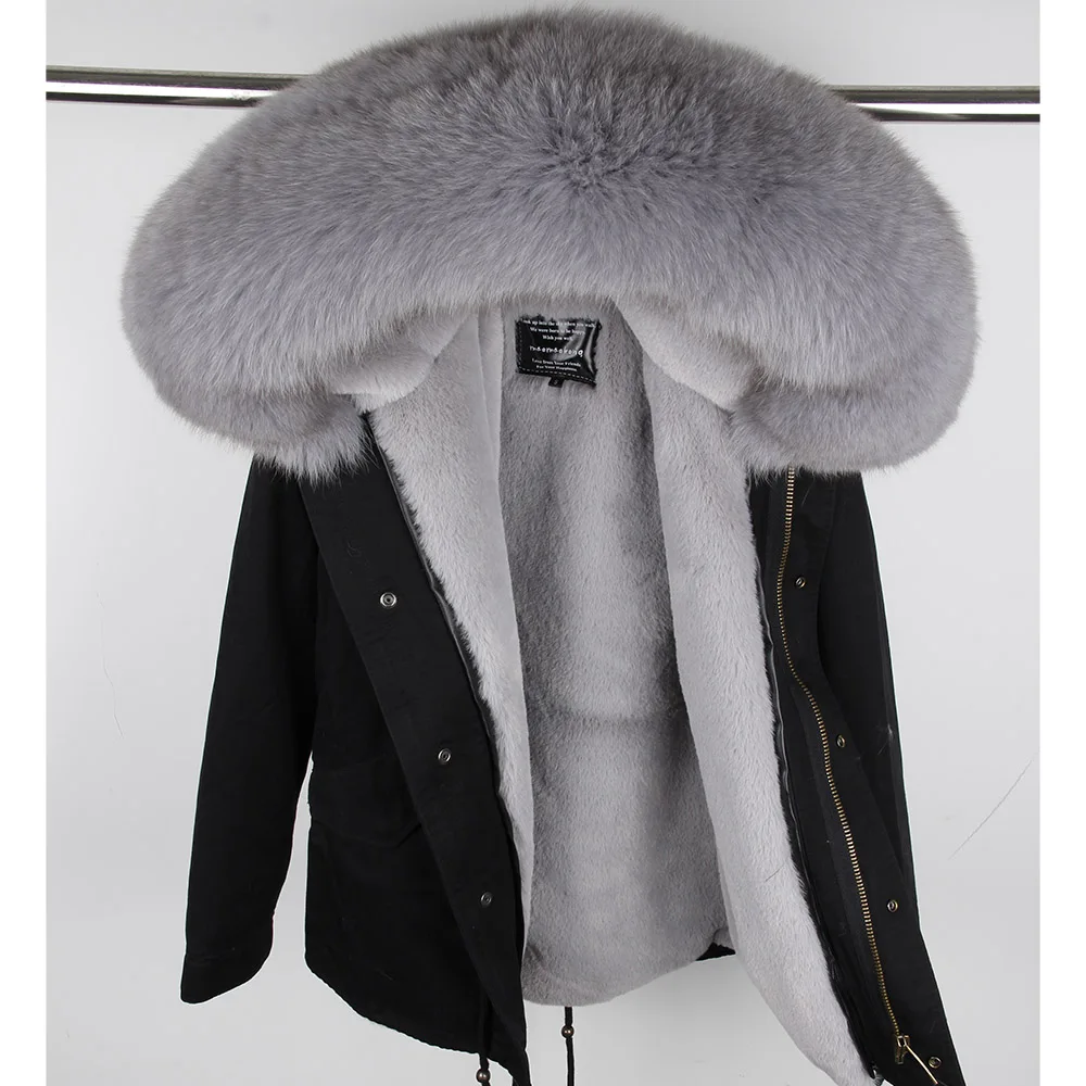 Maomaokong 100% natural Real Raccoon Fox Fur Collar winter fur coat Women black parkas cotton faux fur lining coat jacket