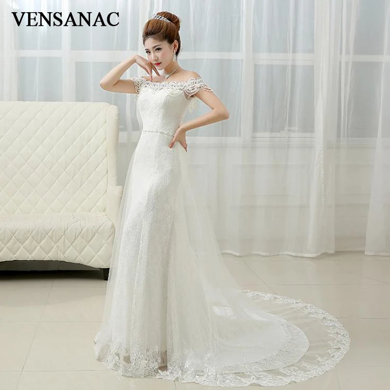 

VENSANAC Crystal Boat Neck Lace Embroidery Mermaid Wedding Dresses Pearls Sash Sweep Train Backless Bridal Gowns