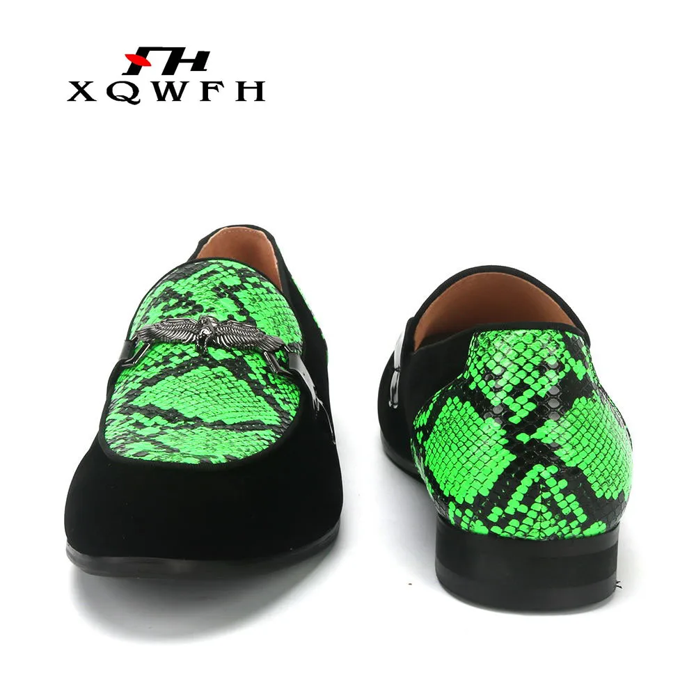 XQWFH Men Shoes Fashion Snake Leather Slip On Male Handmade Loafers Italy Style Men\'s Smoking Slippers Flats