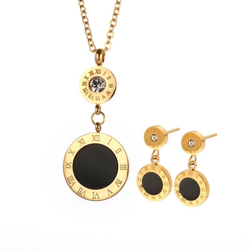 Mode schwarz runde Edelstahl Schmuck Set Vintage Gold Farbe römische Ziffer Hochzeit Schmuck Set für Frauen Großhandel Schmuck