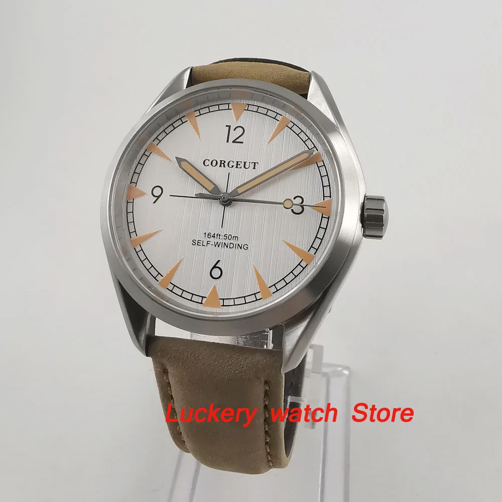 Corgeut 41mm men's watch white dial orange marks sapphire glass 5ATM water resistance Automatic watch-CA33