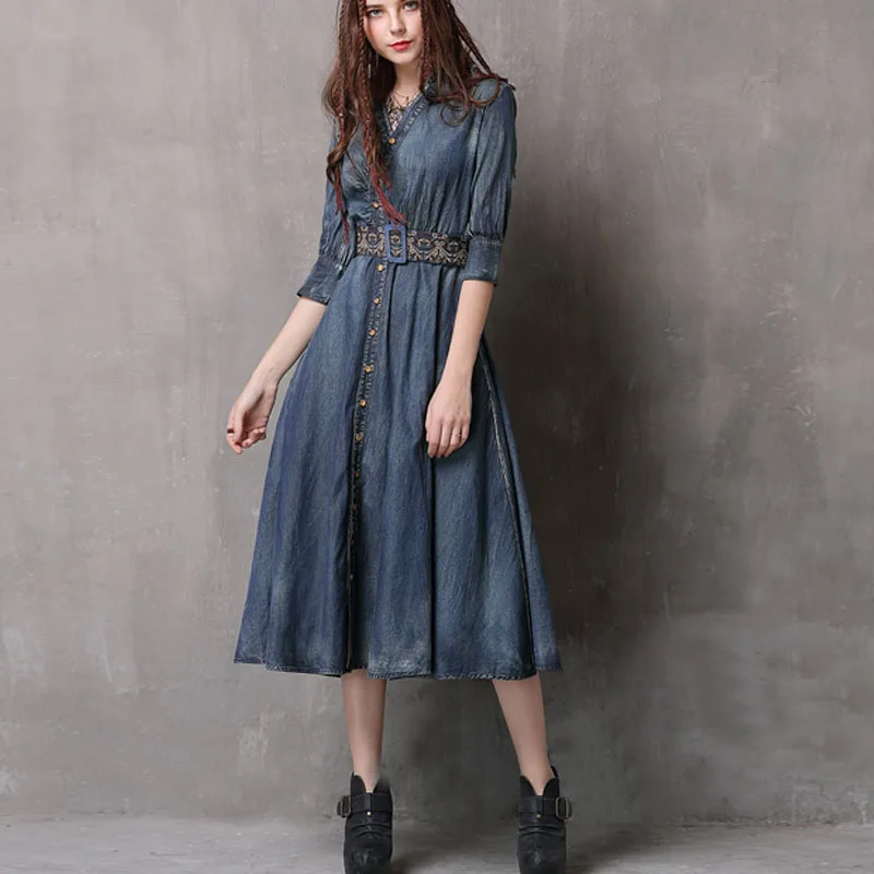 

TIYIHAILEY Women Dress Long Mid-calf Single-breasted Spring Denim Cotton Embroidery S-2XL V-neck Belt 2024 New Vintage