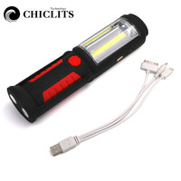 LED Flashlight Emergency Light USB Built-in Battery Rechargeable Outdoor Hand Torch Work Light with Hooks Folding