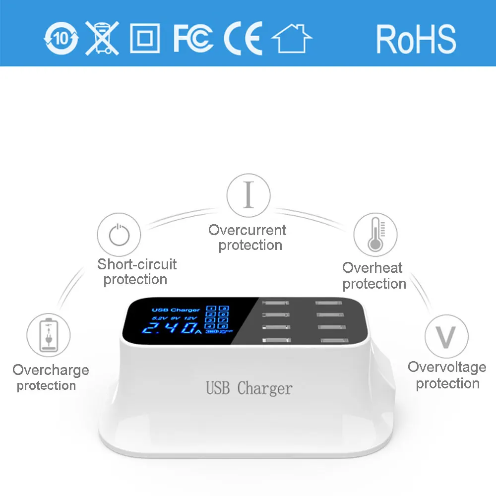 bottix 8 Port Smart Chip USB Charger Dock Station Led Display Phone Tablet Charging Desktop Power Adapter Socket Strip 2.1A