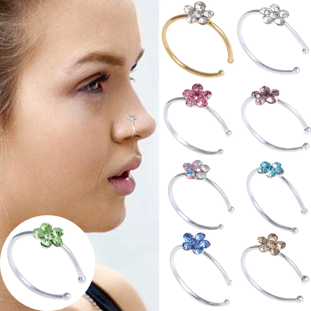 Nose Piercing Jewelry Plum Flower Rhinestone Nose Piercing Hoop Nose Ring Cartilage Tragus Stud Ring Body Piercing Jewelry