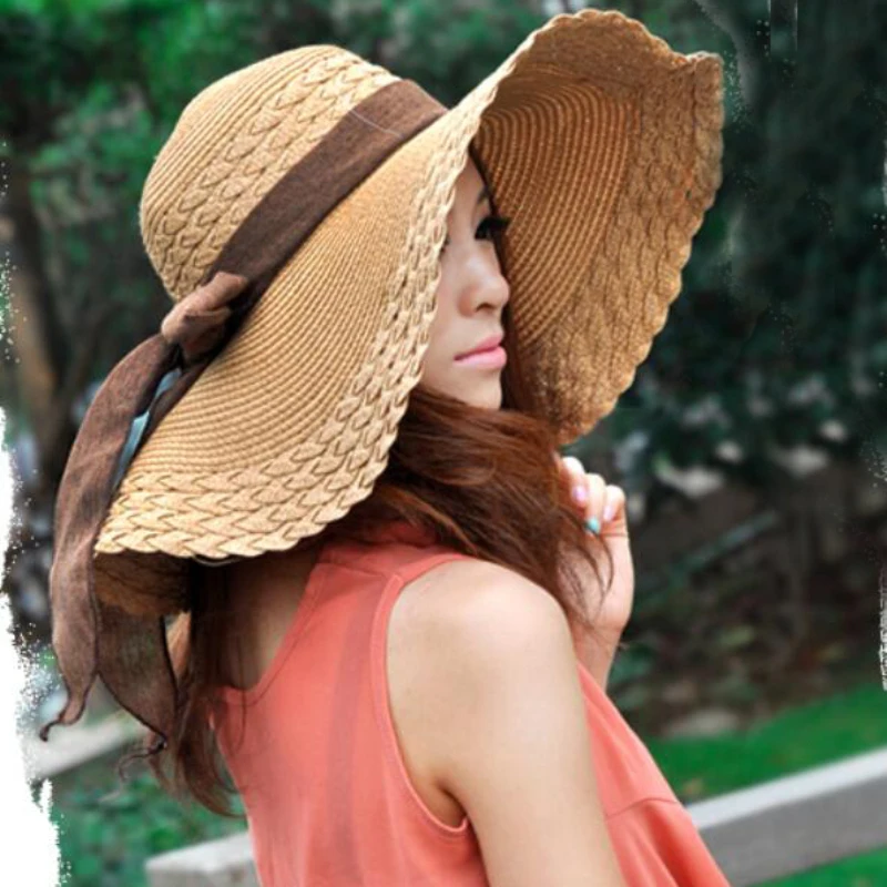 

HT1681 2018 New Korea Style Women Summer Hats Big Bow Solid Large Wide Brim Hats Packable Floppy Beach Sun Hat Female Straw Hats