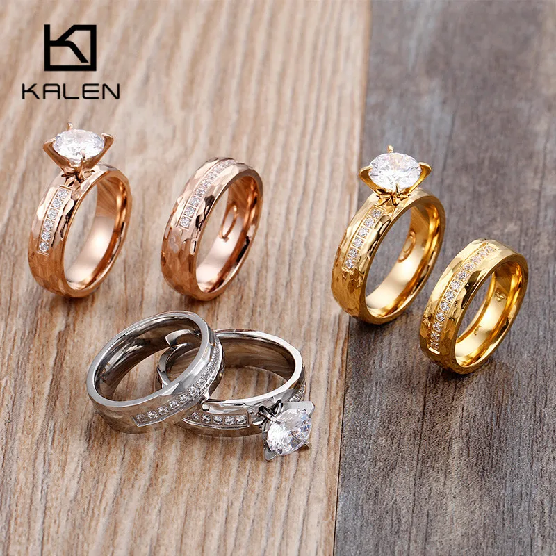 Kalen Romantic Zircon Couple Rhinestone Stainless Steel Gold Color Finger Rings For Women Engagement Wedding Band Rings Jewelry