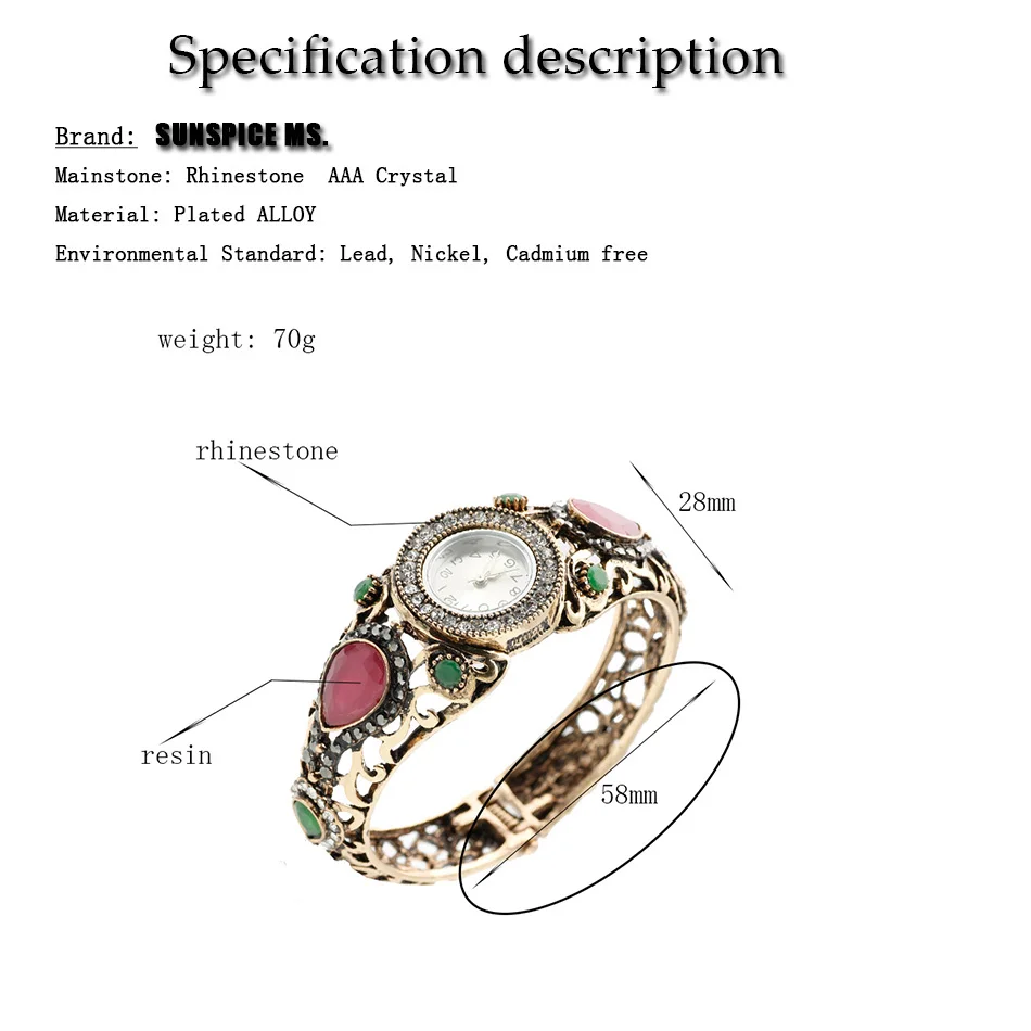 SUNSPICEMS Turkish Women Retro Vintage Bangle Watch Resin Cuff Quartz Wristwatch Antique Gold Color DUBAI Ethnic Wedding Jewelry