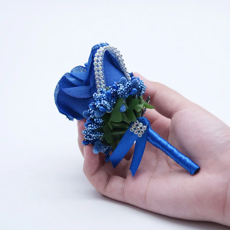 YO CHO Wedding Bouquet Artificial Rose Flowers Blue Brooch Corsages Glitter Rhinestone Ribbon Lace Classic Prom Boutonniere Pins