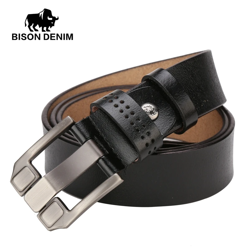 BISON DENIM Men\'s Genuine Leather Belts High Quality Retro Pin Buckle Belts For Father Husband Friends Waistband Strap For Jeans