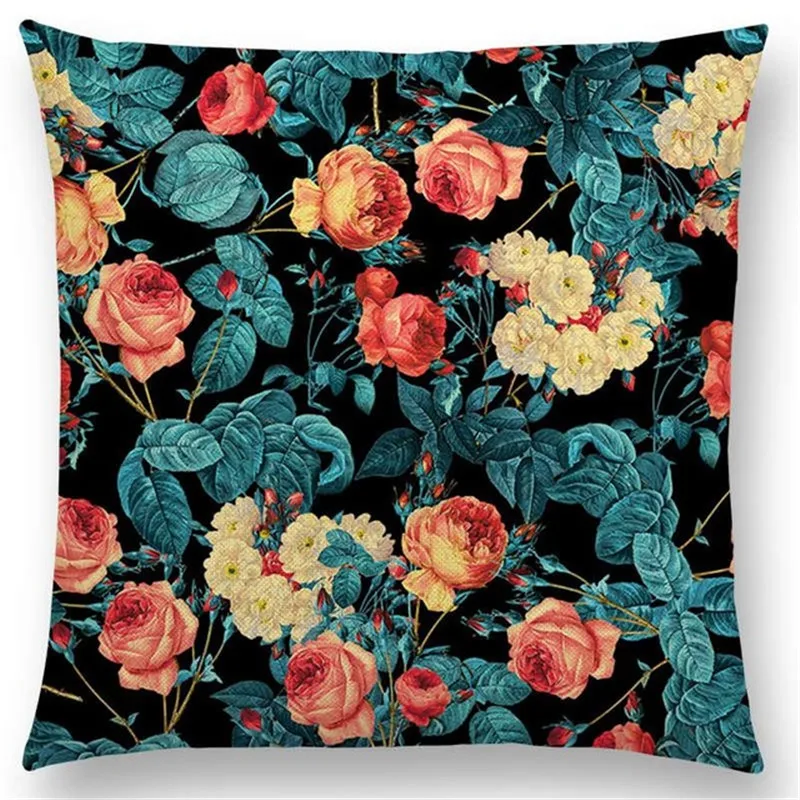 Hot Sale Black Night Vintage Forest Botanical Garden Future Dream Colorful Flowers Leaves Prints Cushion Cover Sofa Throw Pillow