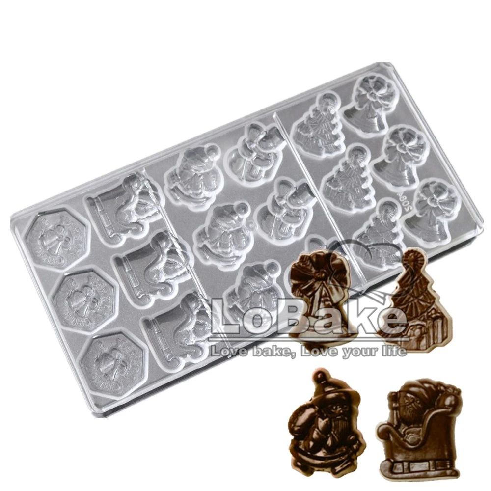 18 cavities Christmas Santa Claus tree sled jingle bell ShapePolycarbonate chocolate mold DIY celebrating decoration supplies