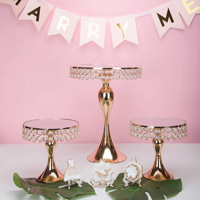 New arrive Gold Crystal cake stand set Electroplating gold mirror face wedding party table candy bar table decorating tools