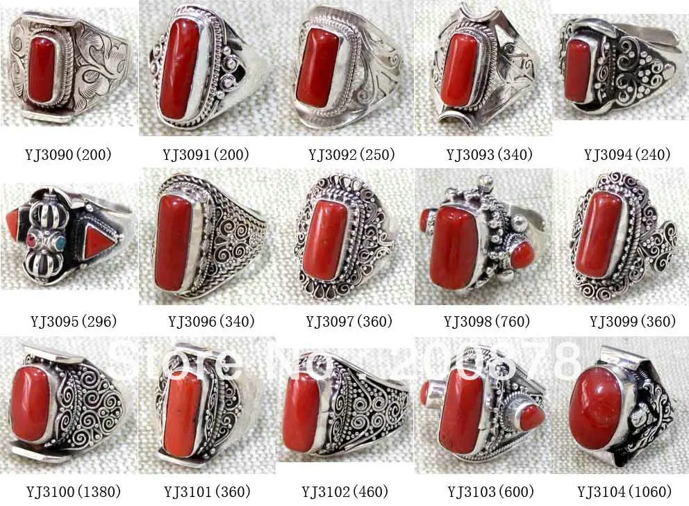 Mix Wholesale 10PCS Tibetan Jewelry Rings Nepal Handmade 925 Silver inlay Natural Baboo Coral Ring for Man Free Shipping