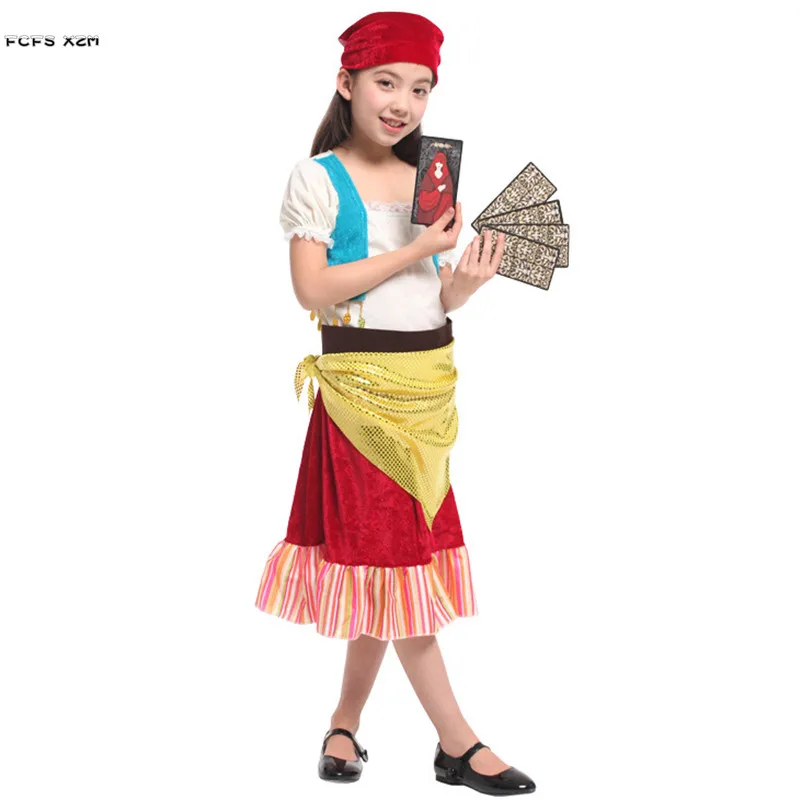 M-XL Girls Halloween Gypsy Costumes Kids Children Tarot Diviner Augur Cosplay Carnival Purim Stage Role Play Showing Party Dress