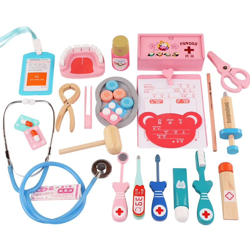 Children's wooden simulation Pretend Play Doctor toy nurse injection Game Medicine Box