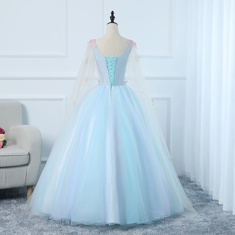 2020 New Arrival Candy Color Evening Dress Butterfly Appliques Pattern Long Lace Cap Sleeve V-neck Sweet Princess Gown Party