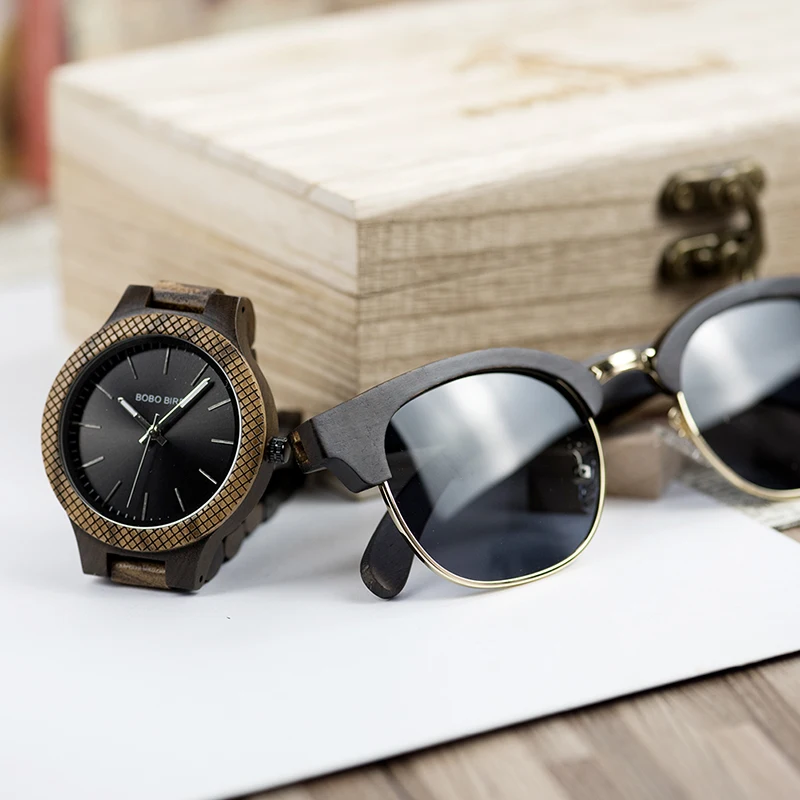 BOBO BIRD Men\'s Watch Sunglasses Set Wooden Timepieces Japan Movement Quartz Watches Men Great Custom Gift reloj hombre