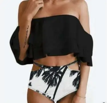 Damski dwuczęściowy strój kąpielowy Off Shoulder potargane falbany krótki top Bikini z wycięciem na dole zestaw out205