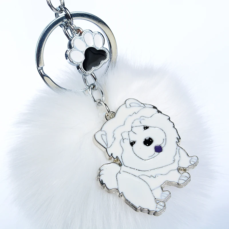 Rabbit Fur Pompom Chow Chow Key Chains For Women Men Alloy Pom Pom Ball Pet Dog Pendant Bag Charm Keyring Car Keychain Key Ring