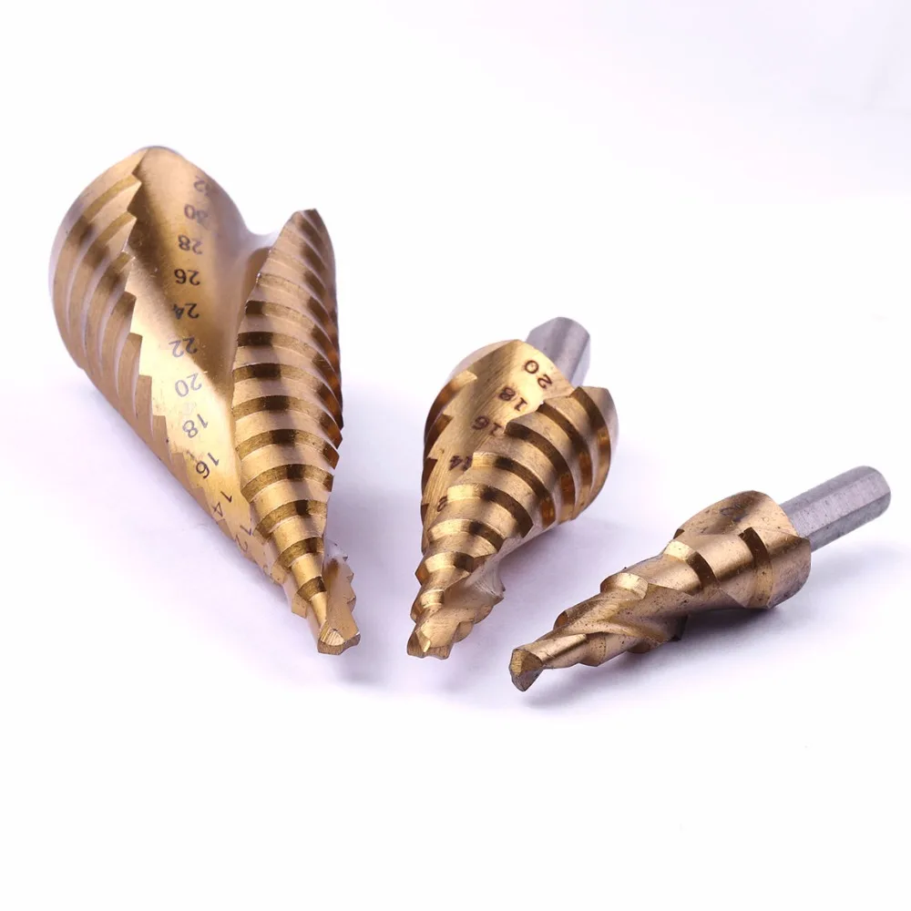 1PC HSS Titanium Coated Spiral Grooved Step Drill Bit Triangle Shank 4-12 4-20 4-32mm Step Drill for Metal Step Cone Drills Tool