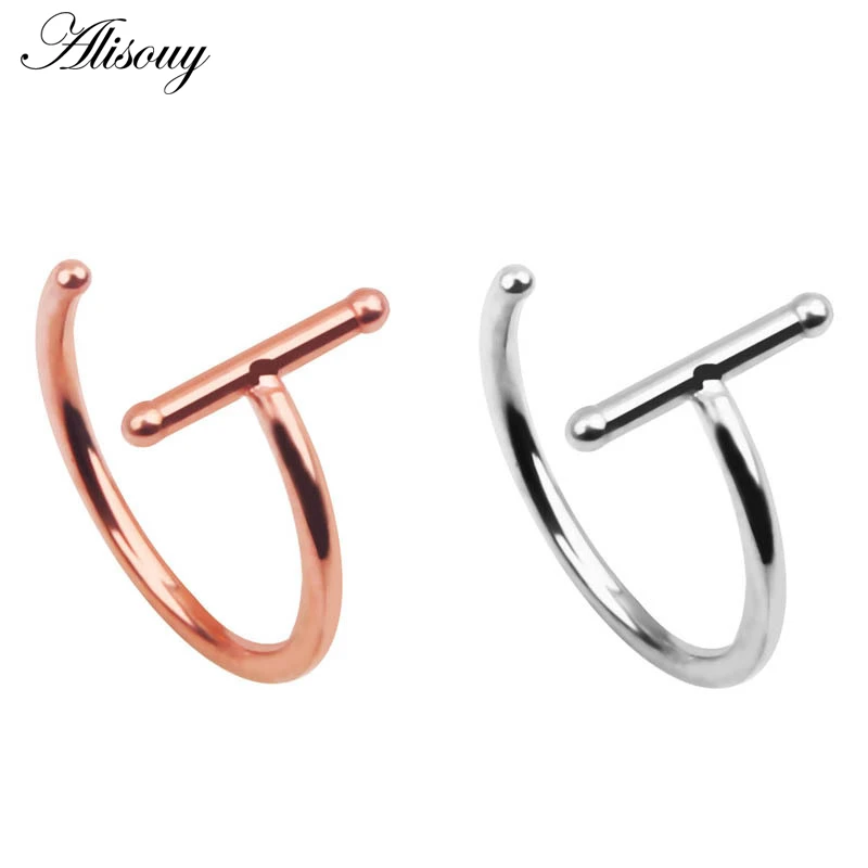 Alisouy 1pc Nose Rings Silver Color Black Fake Piercings Lip Labret Stainless Steel Fake Ear Plug Body Fake Piercing Jewelry