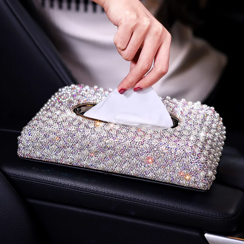 Luxury Pearls Car Tissue Box Crystal Diamond Block type Tissue Boxes Holder for Women Paper Towel Cover Case Car Styling