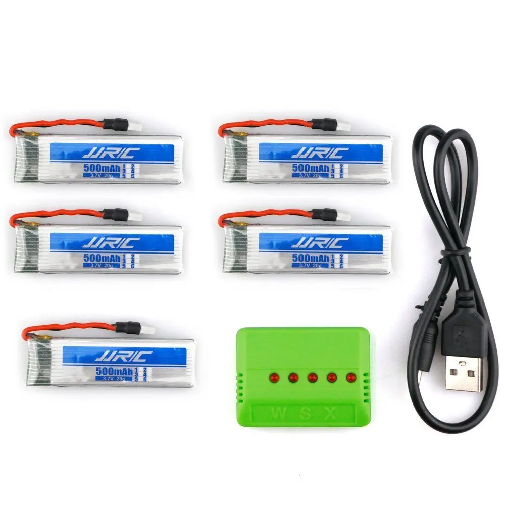 EBOYU 3.7V 500mAh 20C Li-Polymer Battery for JJRC H37 RC Quadcopter Drone Spare Parts 5PCS and 5 In 1 Battery Charger