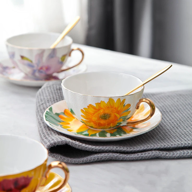 Afternoon Tea Cups Set, Drinkware, Elegant Cup with Spoon and Tray, Coffee Mug Set, Various Painting, Stoup Flowering Tea Cup