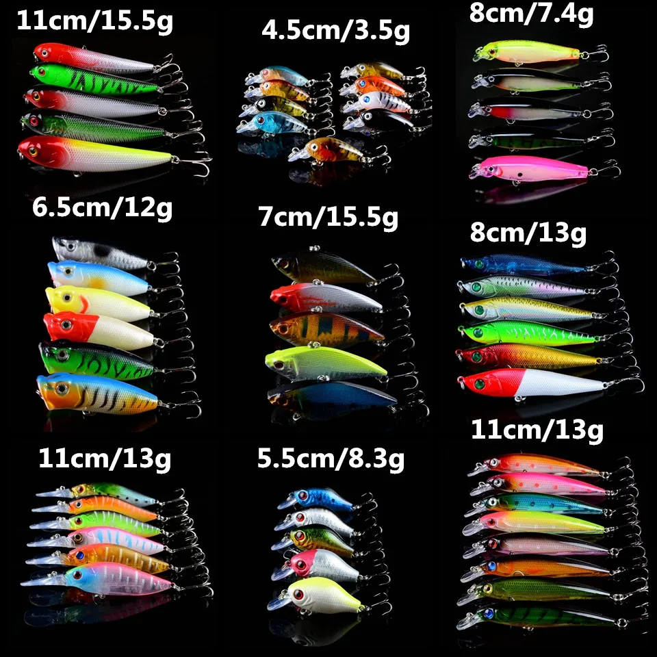 

New 55pcs/lot Fishing Lures Set Mixed Minnow/Pencil/Popper/Crank and Lead Fish 9 Models bass Crankbait Wobbler Fishing Tackle