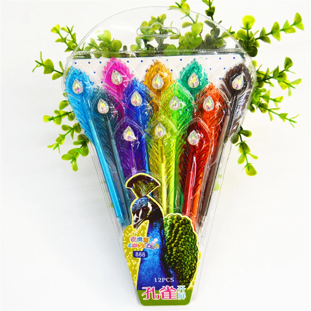 

12 Colors /set Peacock feathers ballpoint Pen Cute Kawii Creative Concert Pen School Stationery