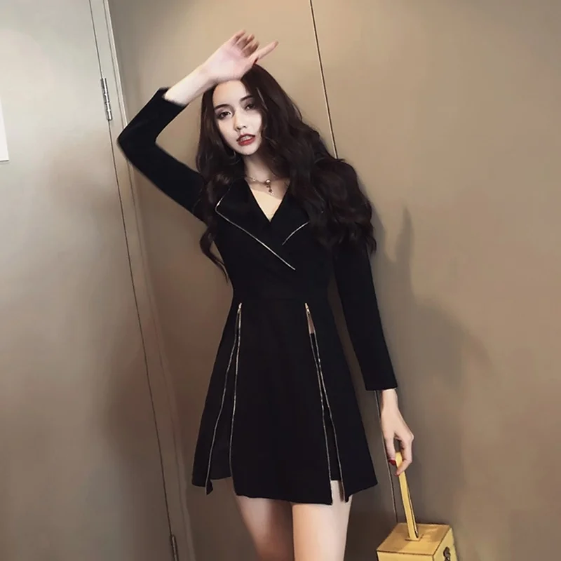 Fall Two Piece Women Outfits Long Sleeve Black Zipper Sexy Womens Long Jacket Trouser Suit 2 Piece Sets Womens Outfits DD1901