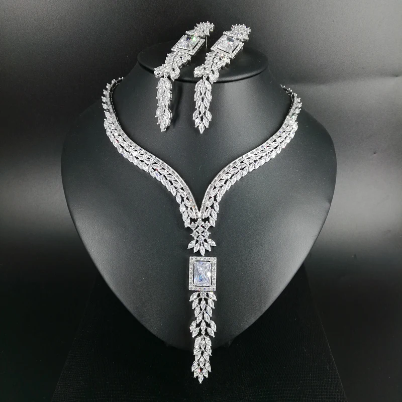 

NEW FASHION classic V style crystal square zircon necklace earring wedding bride banquet formal dress jewelry set