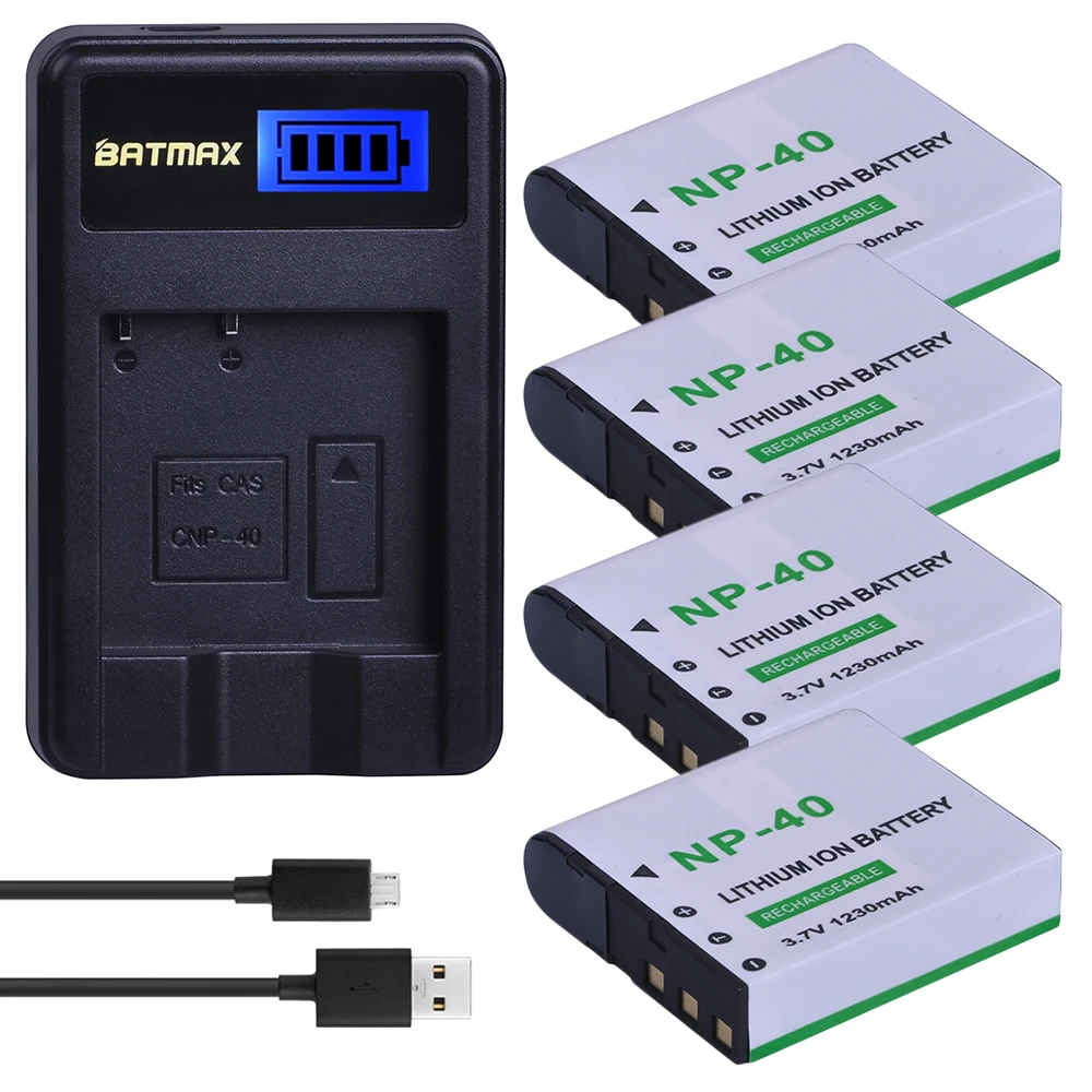 

Batmax 4PCS 1230mAh NP-40 NP40 Battery +LCD USB Charger for Casio EX-Z400 FC100 FC150 FC160S P505 P600 P700 Z300 Z600 EX-Z850