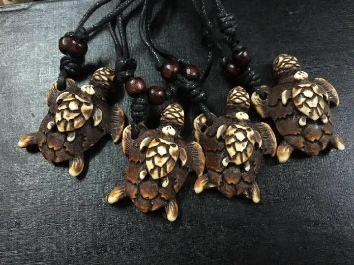 12pcs Black Wax Cotton Cord Bone Powder Double Tortoise Turtle Charms Surfer Necklace