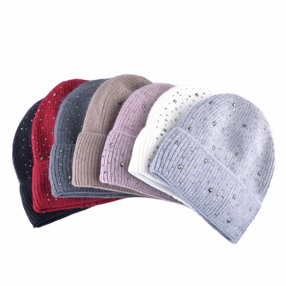 TQMSMY Rhinestone hats lady winter knitted female hat Women Skullies Beanies solid color outdoor velvet double layer hat TMC80