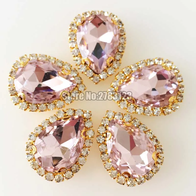 

Free shipping Pink faltback sew on Crystal button,high quality Glass Crystal Gold bottom loose rhinestones 10pcs/bag diy garment