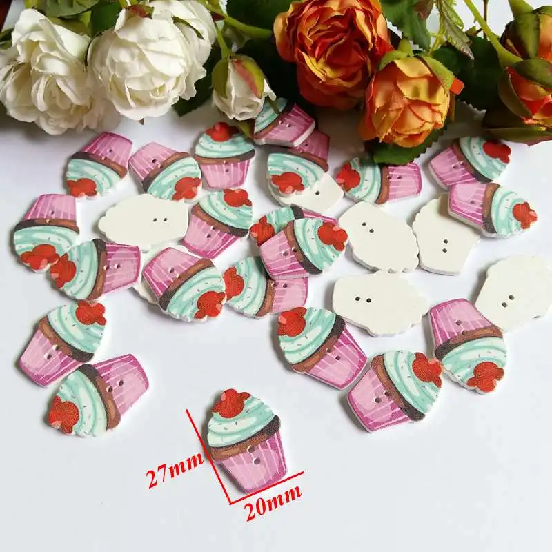 50pcs/lot 2 Holes Colored cake Wooden Buttons Cute Mixed Paint Design Decoration Clothing Accessories Sewing Buttons