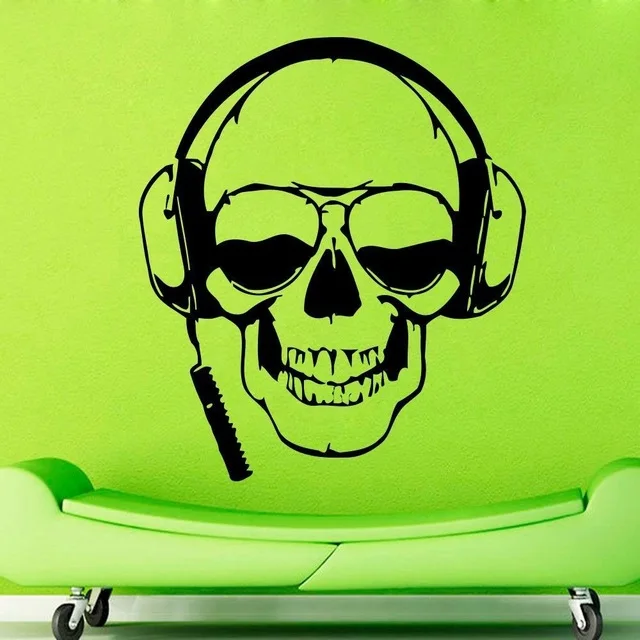 New Creative Skull Music Vinyl Wall Headphones Skull Glasses Cool Decor Rock Pop For Bedroom Mural Wall Sticker Home Decoration