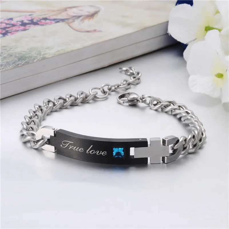 Trendy Couple Jewelry Stainless Steel True Love Rhinestone Bracelet For Women Men Bangles Gift