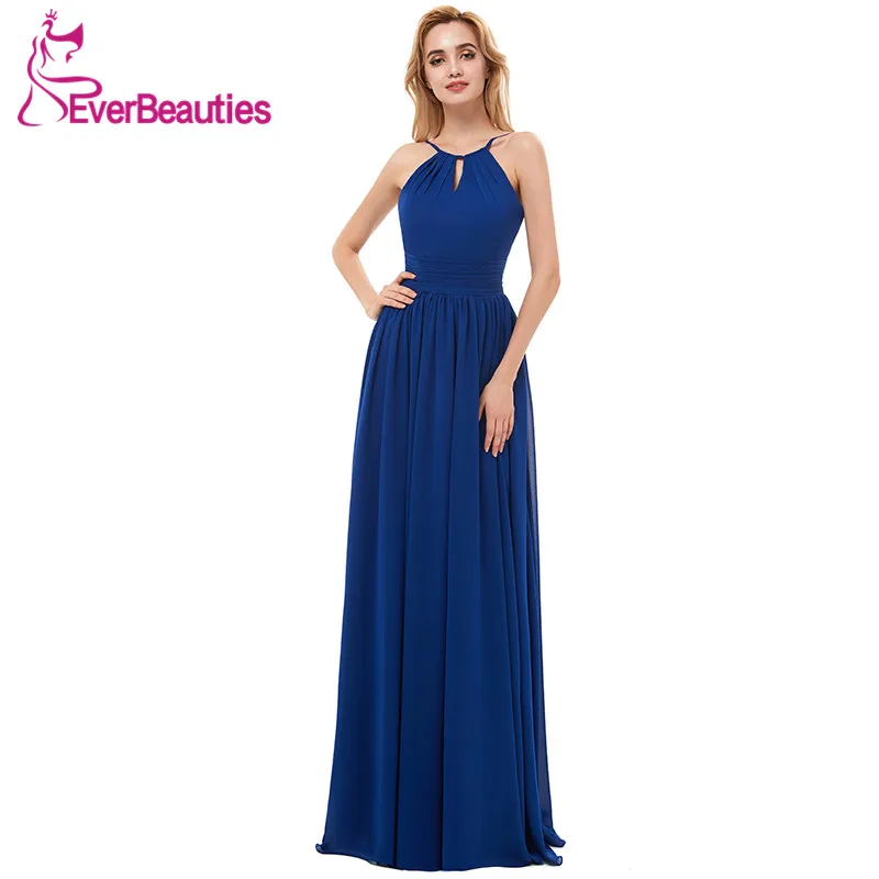 Chiffon Abiti Da Damigella D'onore Lunga 2020 Royal Blue Halter Neck Backless Festa di Nozze Ospite Abiti