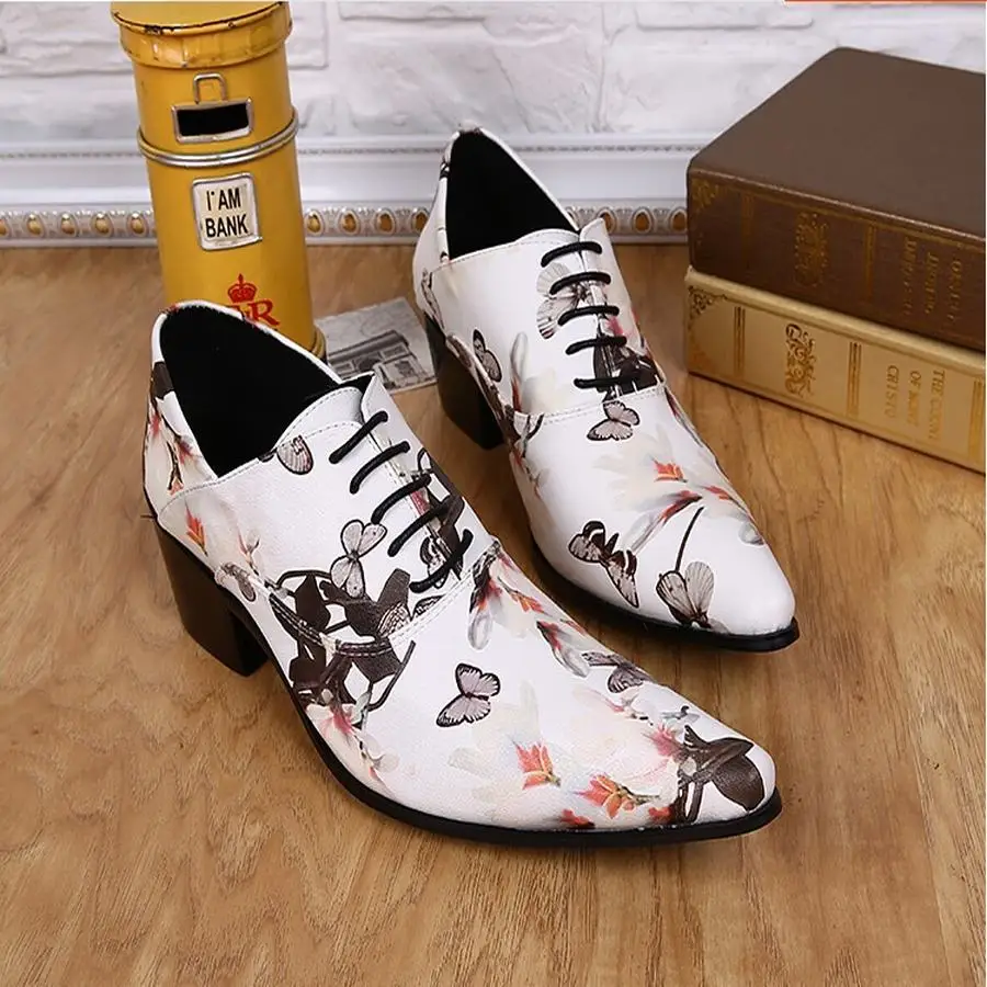 New High-end White Printing Lace-up Men Shoes Luxury Fashion Men Pointed Toe Business Dress Party Wedding High Heels Shoe Flower