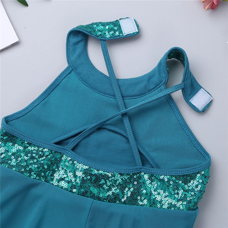 Girls Teens Halter Sequin Backless Ballet Dance Leotard Dress Kids Lyrical Contemporary Dance Costume Gymnastics Leotard