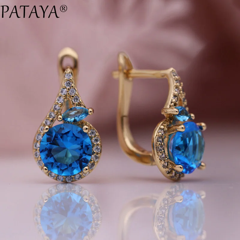 PATAYA New Women Fine Noble Horse Eye Dangle Earrings 585 Rose Gold Color Round Blue Natural Zircon Wedding Cute Fashion Jewelry