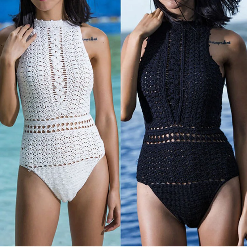 

2018 Crochet Swimwear Women One Piece Swimsuit Sexy Sleeveless Backless High Waist Bathing Suits Summer Beach Knitting Bodysuits