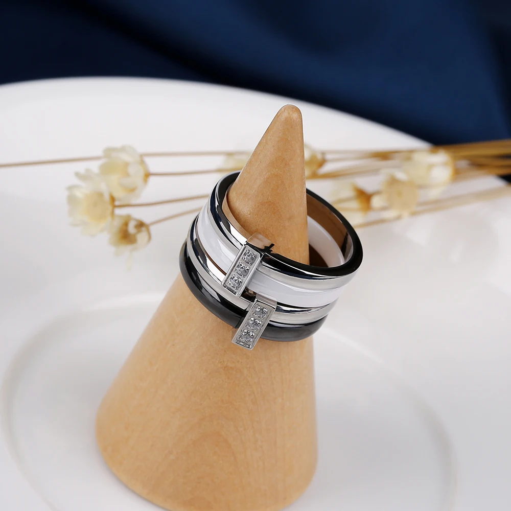 Fashion Ceramic Ring For Women Two Layers Stainless Steel Inlaid Zircon Thin Rings Unique Design Wedding Engagement Ring Gift