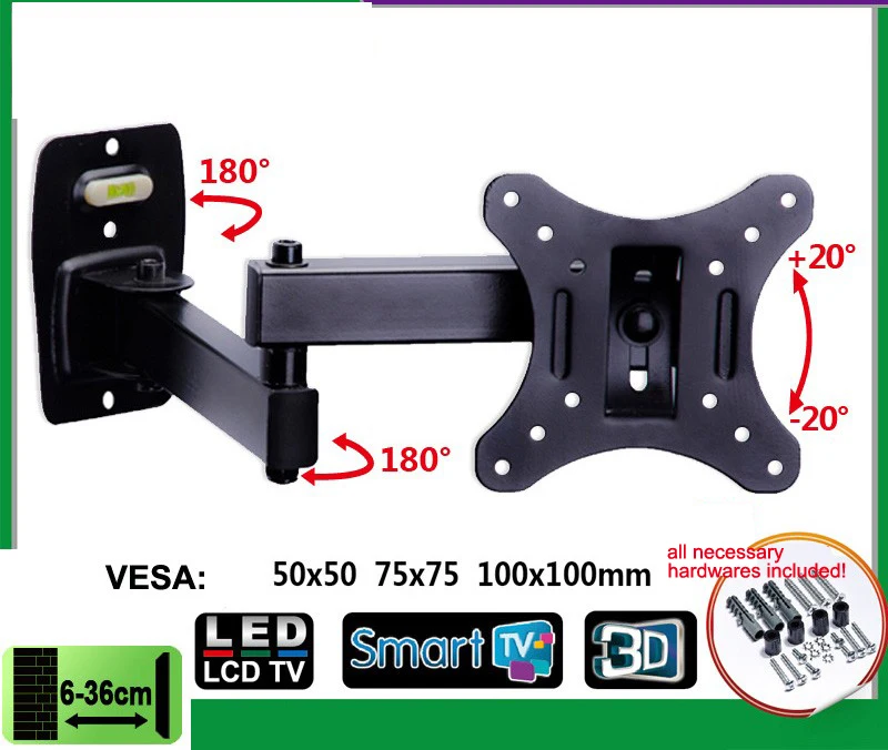 EML602 Full Motion 10-26 inch LCD LED Monitor Holder TV Wall Mount Swivel Tilt Bracket Swing Arm