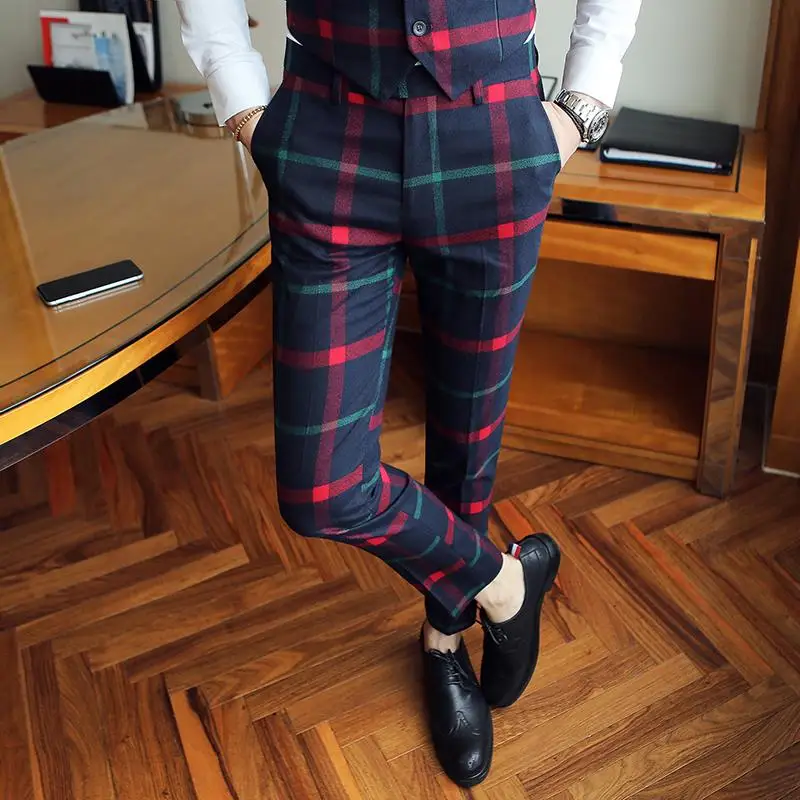 Pantalones de moda para hombre, traje a cuadros rojo, pantalones de vestir, pantalones ajustados a cuadros, traje informal para oficina y negocios