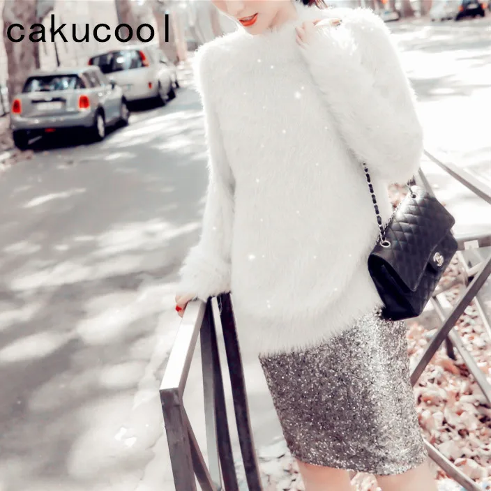 

Cakucool New Sequined Sweater Women Long Sleeve O-neck Jumpers Beaded Embellish Faux Mink Slit Knitted Pullover Sweaters Female